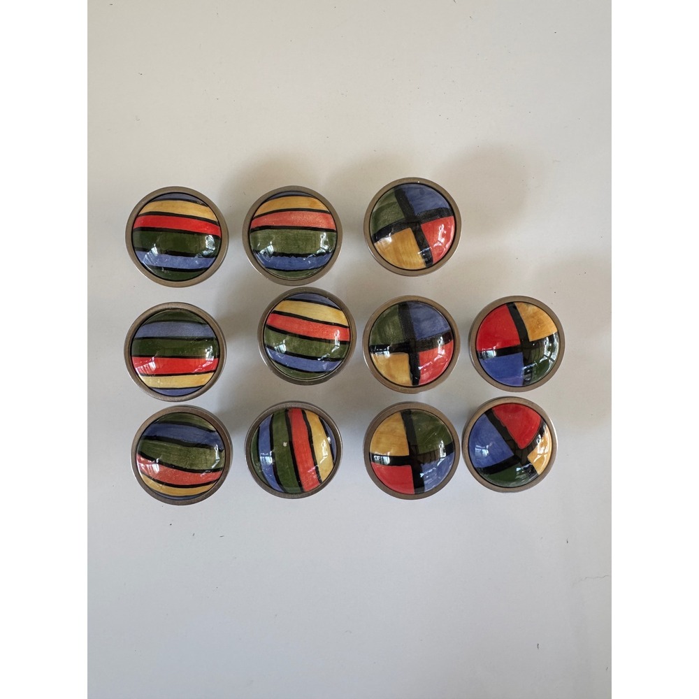 Set of 11 Hand Painted Ceramic Drawer Knobs Multi-Color Striped Geometric Pulls